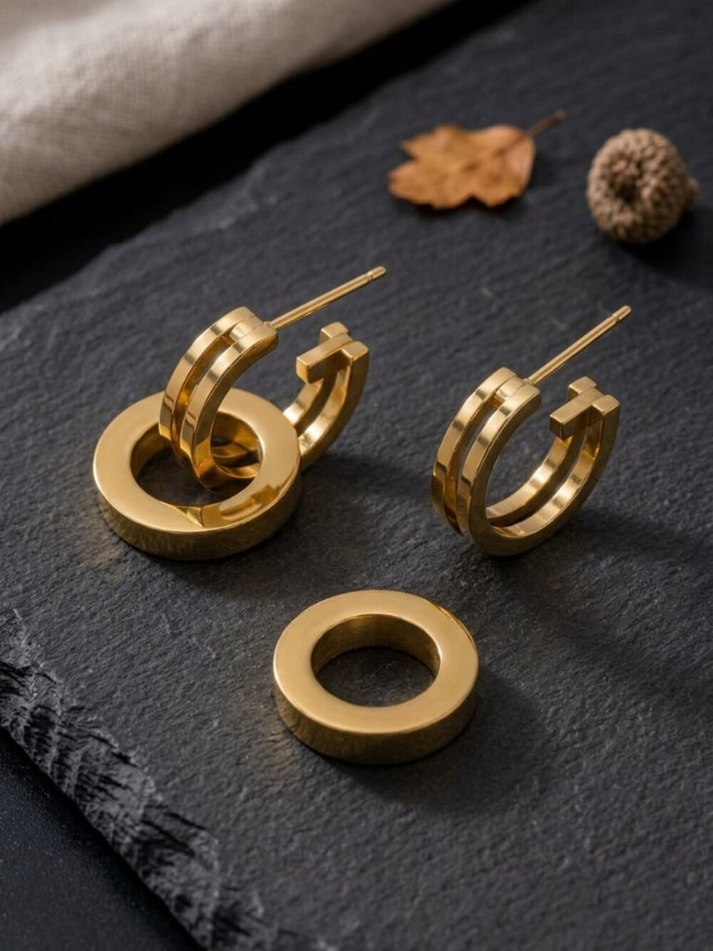 Convertible Double Hoop Huggie Earrings 2 in 1 Gold Tone Chunky Old Money 1"
